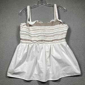 Old Navy Tank Top Womens XL Tall White Smocked Stretch Boho Babydoll Embroidered